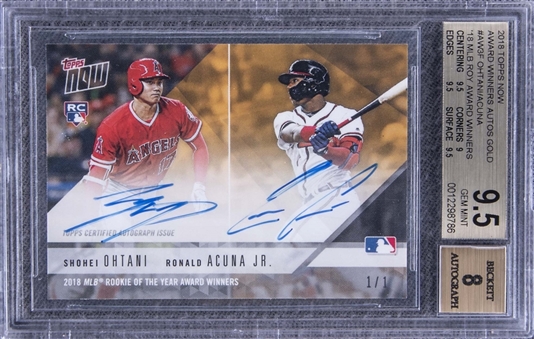 2018 Topps Now Gold #AW-3F Shohei Ohtani/Ronald Acuna Jr. Dual-Signed Rookie Card (#1/1) - BGS GEM MINT 9.5/BGS 8